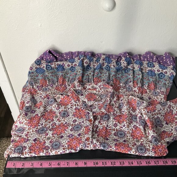 En Creme Dress Women Sz M Floral Colorful Patchwork Tiered Button Up Flowy Boho - Picture 9 of 13